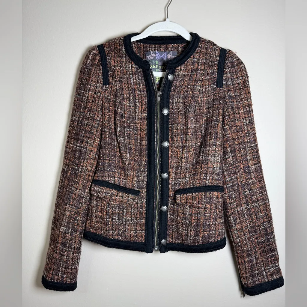 Free People  “Coco” Vintage Tweed Wool Fitted Lined Jacket Sz 2 - Image 4