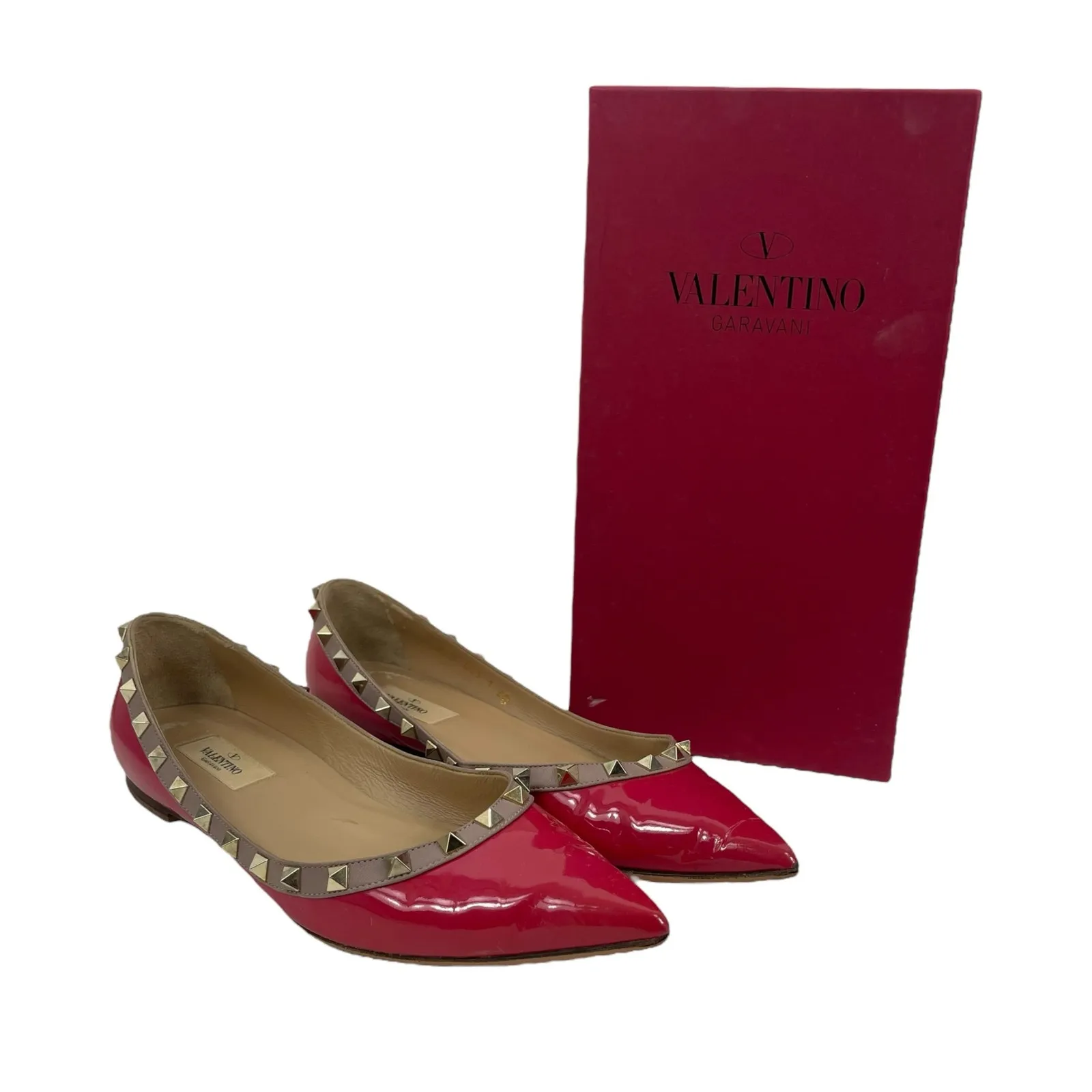 Valentino Garavani Rockstud Two Tone Poined Toe Flats Red Pink Size 40 - Image 12