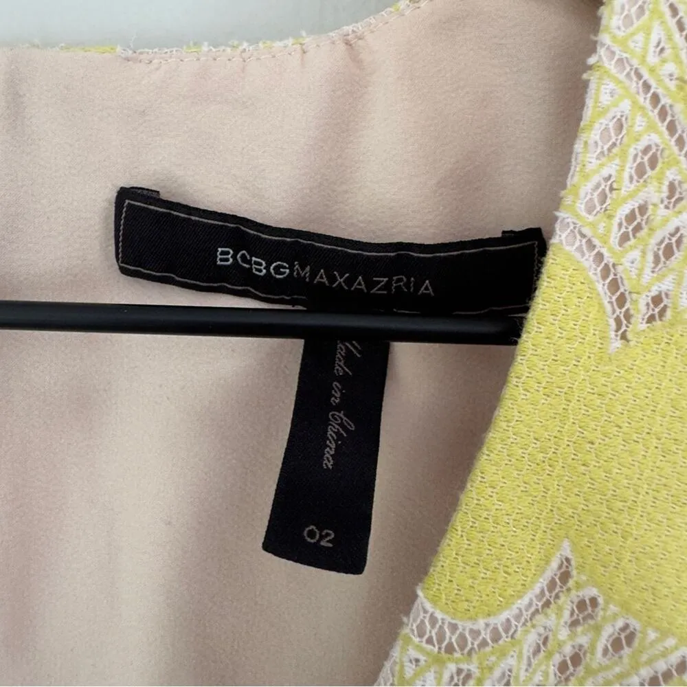 BCBGMaxAzria Sleeveless Mesh Dress Pencil Yellow & Cream Mini Zipper Zip Up Back - Image 7