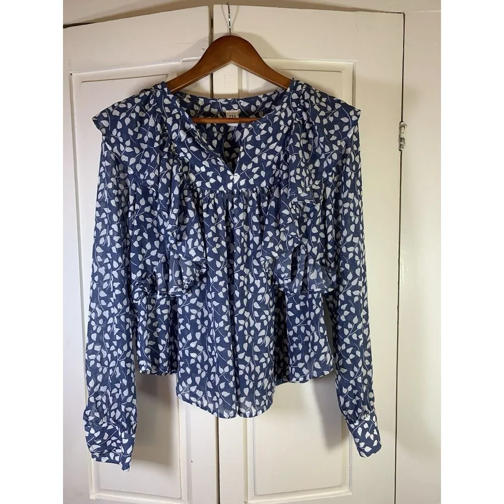 Gap Cottage Blouse Top Women Small Black Floral Print Ruffle Boho Semi‎ Sheer - Image 2