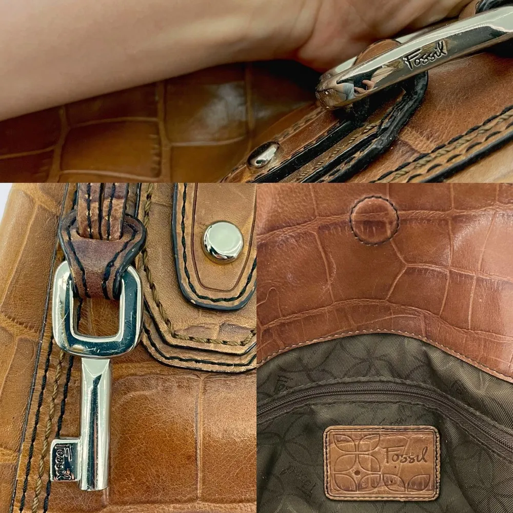 Fossil Brown Leather Reptile Crocodile 3 Section Zip Snap Large Shoulder Bag - Image 9