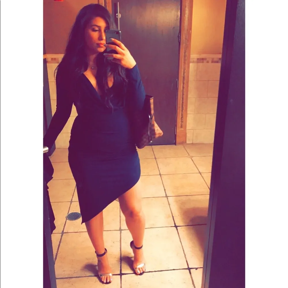 Navy Cowl Plunge Asymmetrical Dress - Image 7