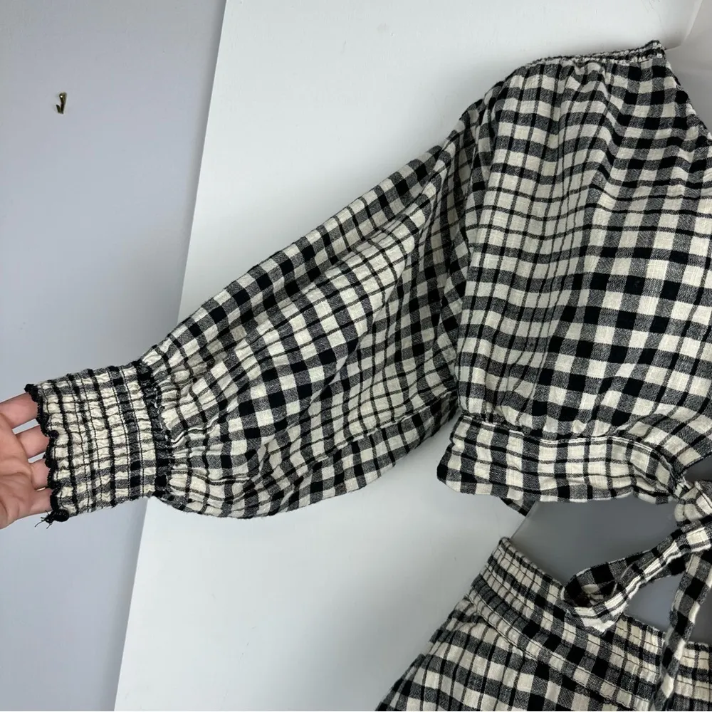 Zara Womens Two Piece Set Gingham Plaid Top Flowy Shorts Sz Medium Black Cream - Image 8