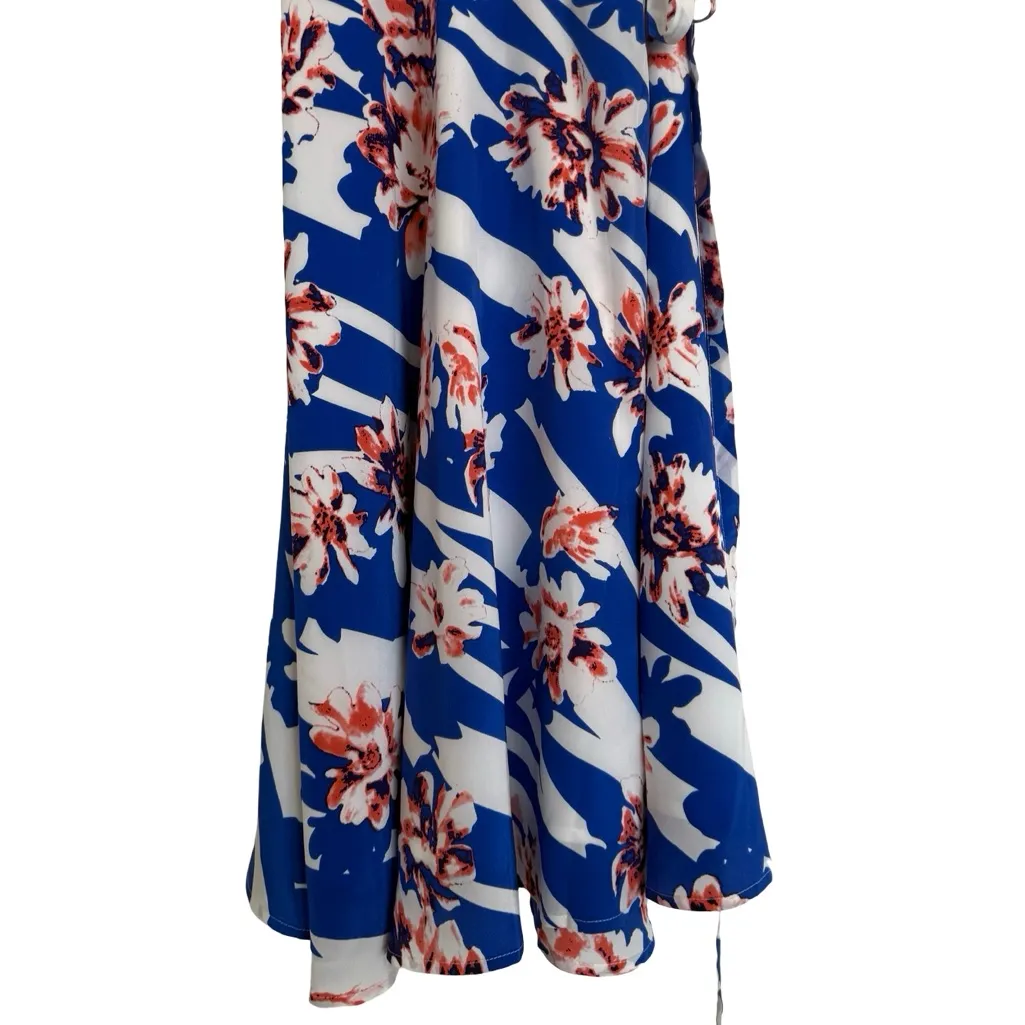 Yumi Kim Silk Revolve Floral Blue Pink and White Sleeveless Wrap Midi Dress S - Image 4