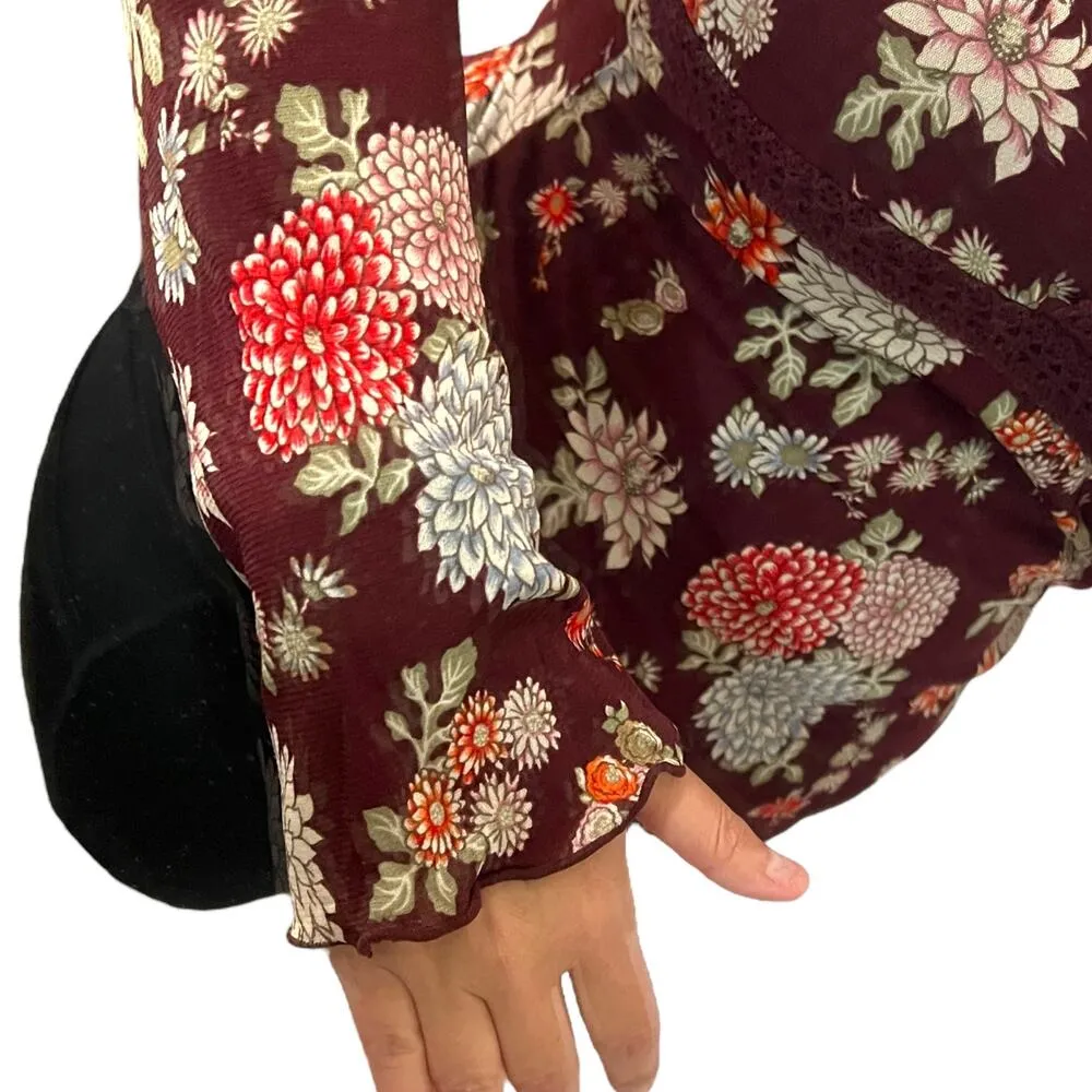 Old Navy MEDIUM Maroon Floral Empire Waist V-Neck Bust Detail Blouse Top - Image 9