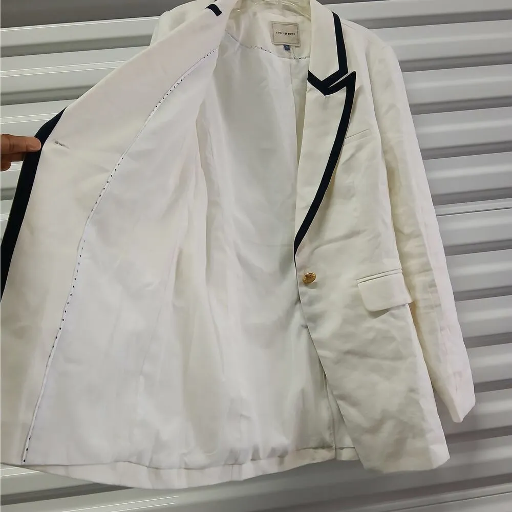 Court & Rowe Contrast Tipped Blazer Women's 10 Eccru Linen Jacket Office Career Blue - Image 4