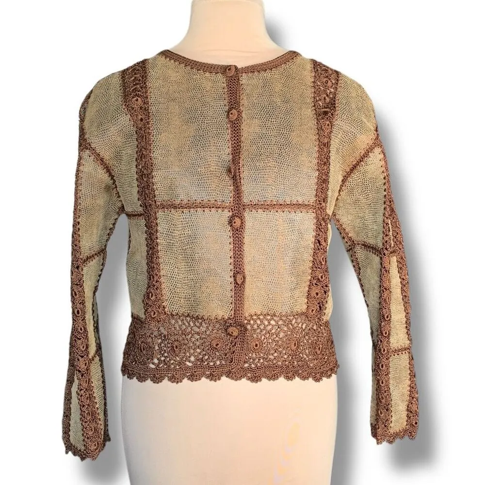 Vintage Brown Crochet Trim Leather Mesh Cardigan Jacket Crewneck Medium Festival - Image 2
