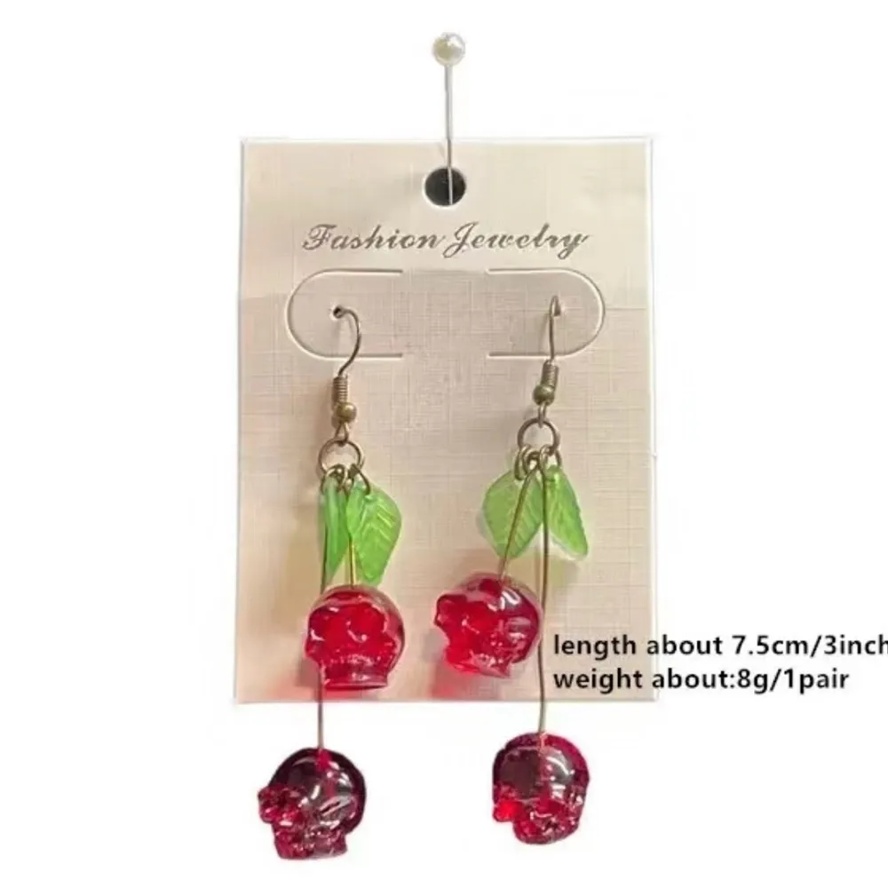 Gothic Red Trending Cherry Skull Shaped Earrings &‎ Leafs Faux Fashion Jewelry - Image 7
