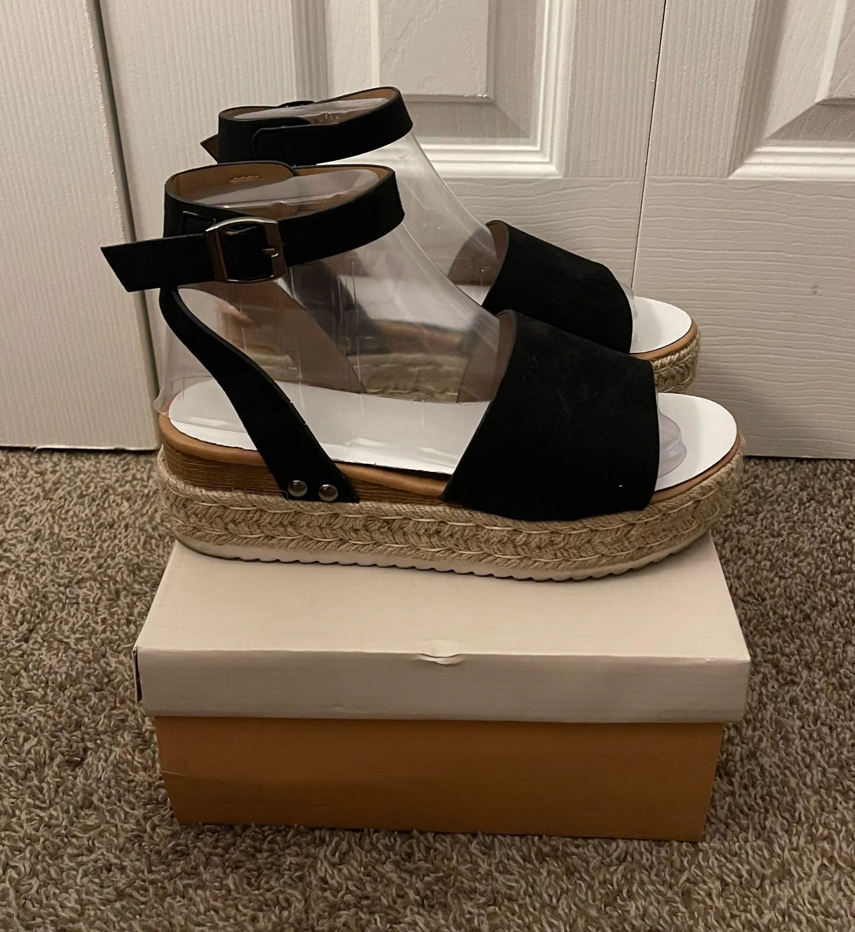 Black Open Toe Buckle Ankle Strap Espadrilles Flatform Wedge Casual Sandal - Image 8