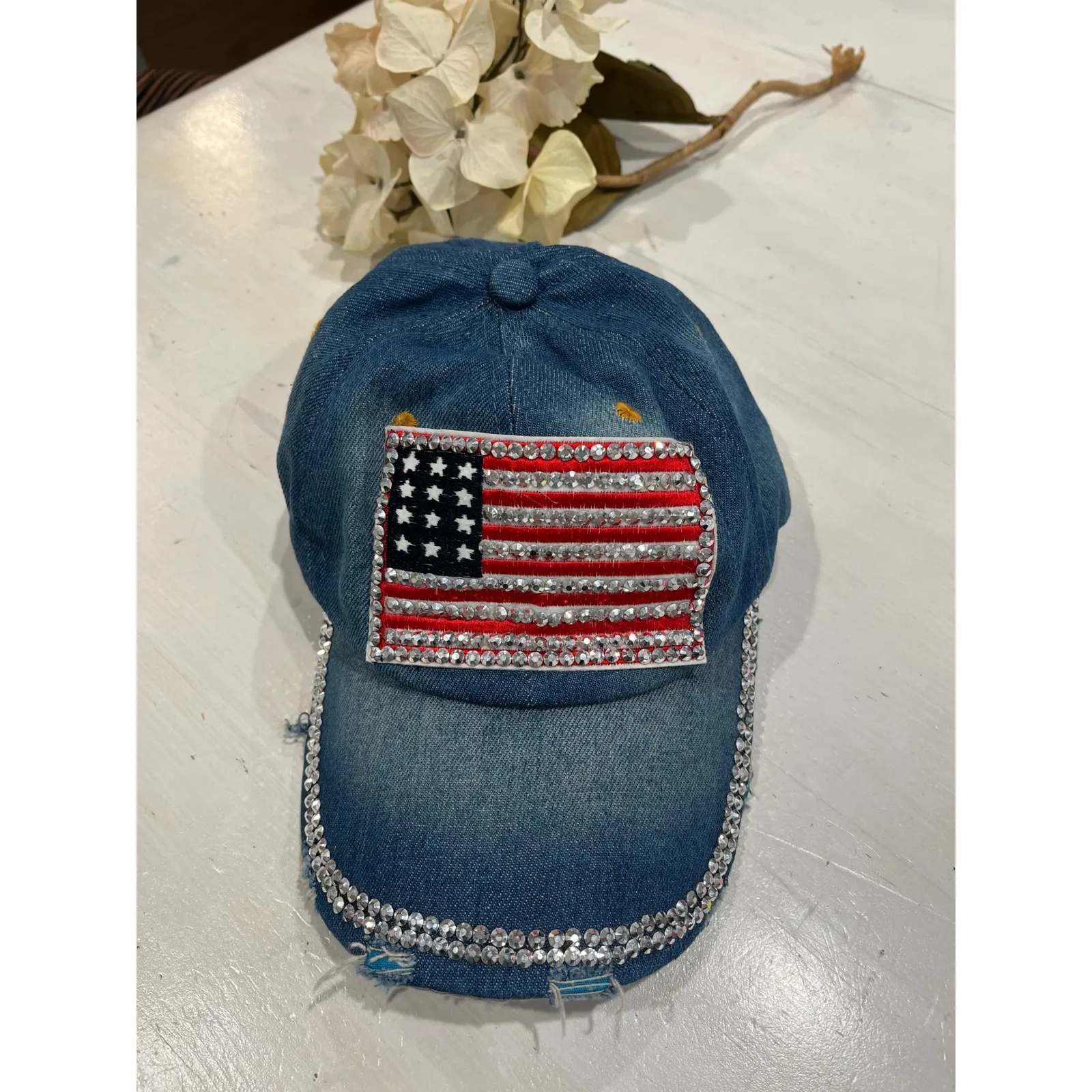 Denim Baseball‎ Cap American Flag Rhinestone Embellished Distressed Adjustable Blue - Image 2