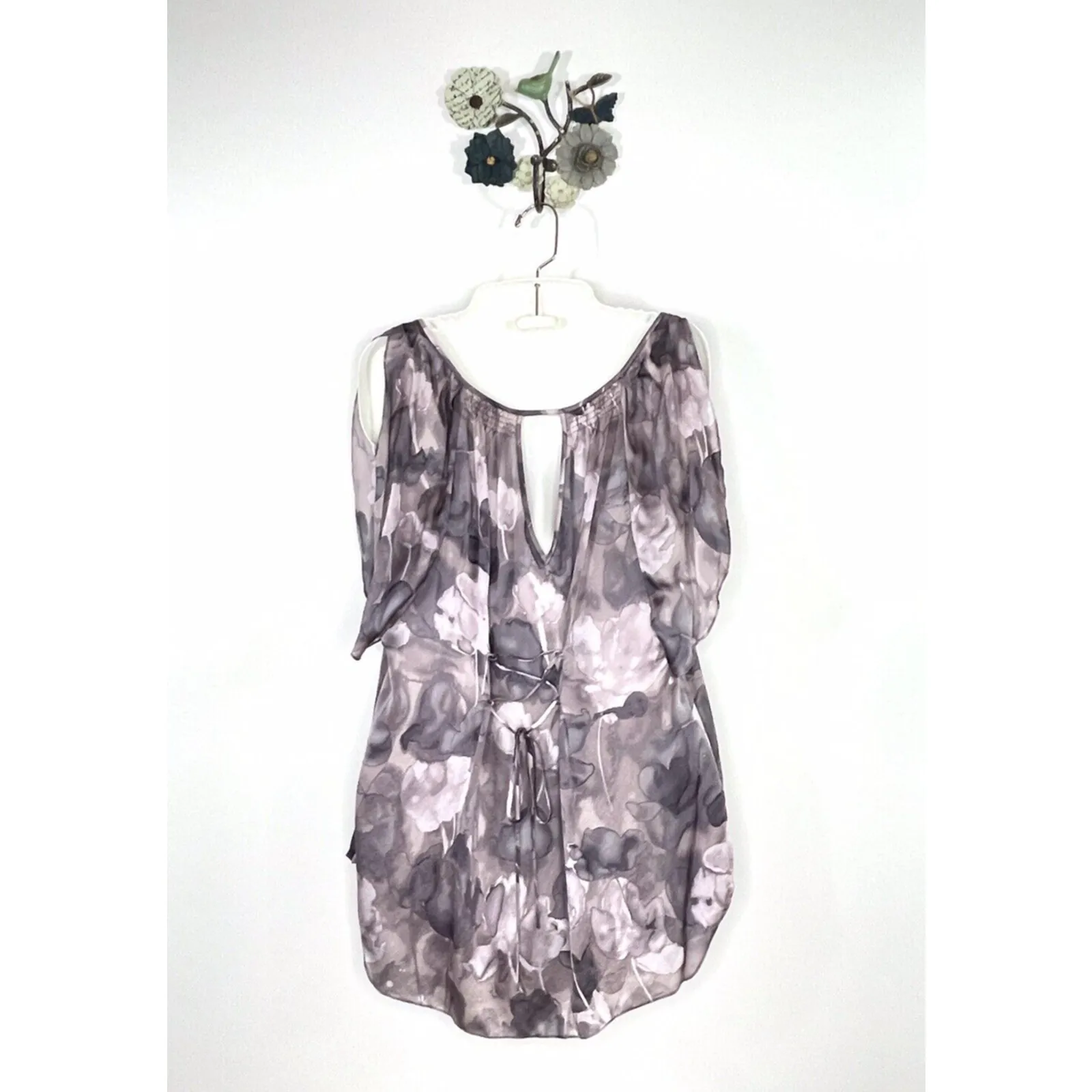 Rebecca Taylor Size 4 Silk Blouse Purple Watercolor Cold Shoulder Corset Back - Image 6