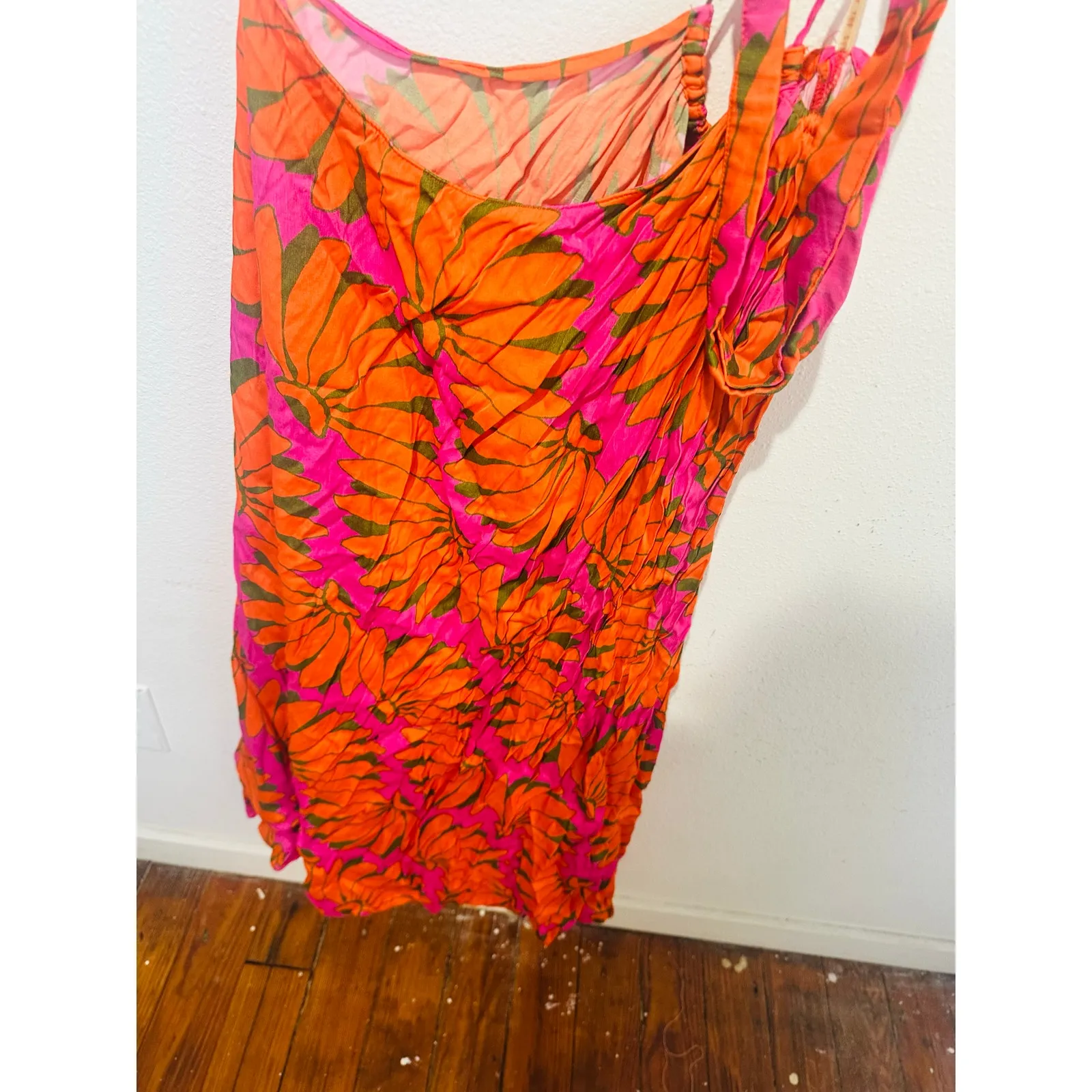 FARM RIO Orange Pink One Shoulder Ruched Waist Tie Copacabana A-Line Dress S - Image 9