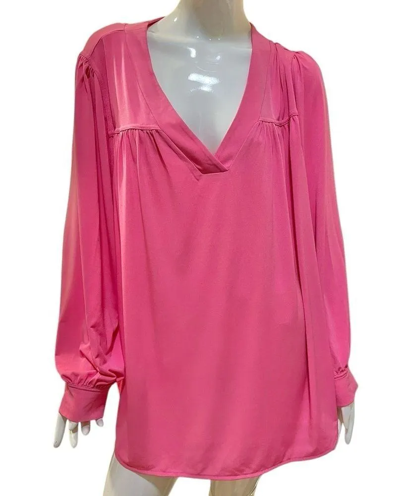 Lane Bryant Pink Peasant Smocked V Neck Long Sleeve Matte Jersey Blouse 26/28 - Image 2