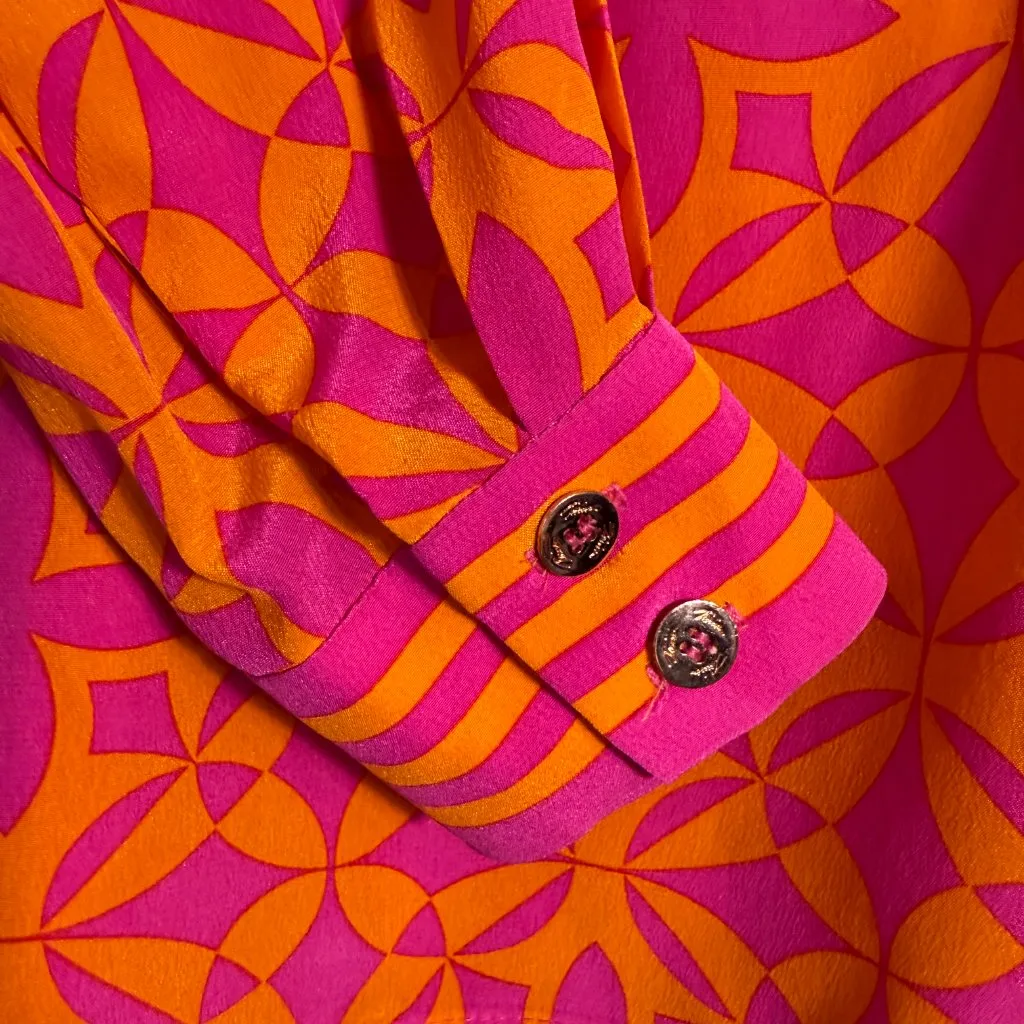 Trina Turk 100% Silk Printed Blouse Top Women's Small Pink Orange V-Neck Preppy - Image 8