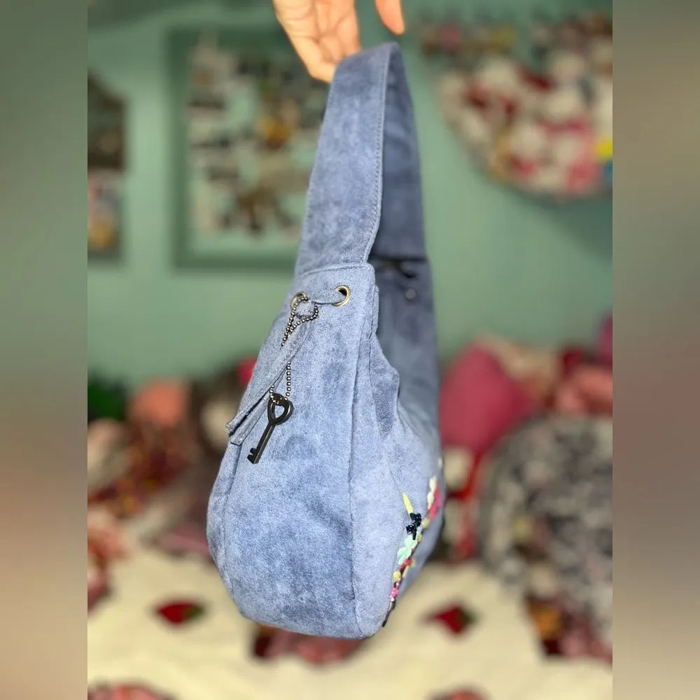 Forever By Fossil Y2K style Blue suede shoulder bag with embroidered floral - Image 3