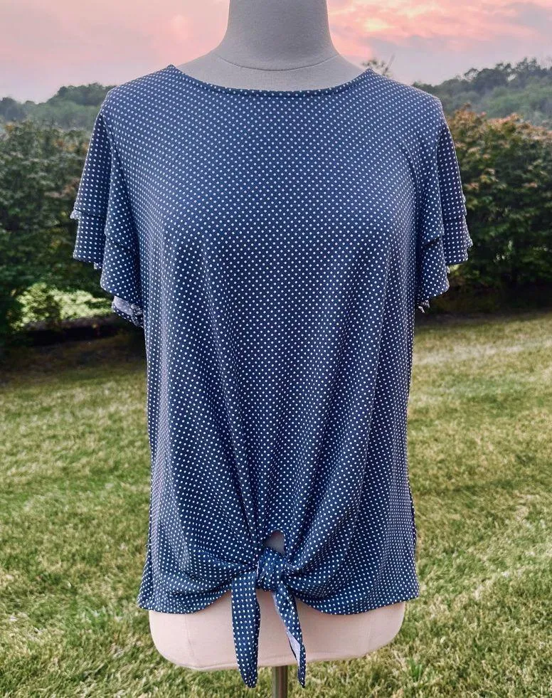 Adrianna Papell Blue & White Polka Dot 
Ruffle Short sleeve Blouse Size L - Image 4