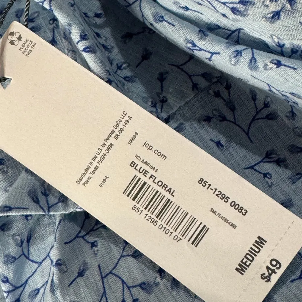 Liz Claiborne Medium Top Floral Button-Up Long Sleeves Lightweight Side Tie Blue - Image 8