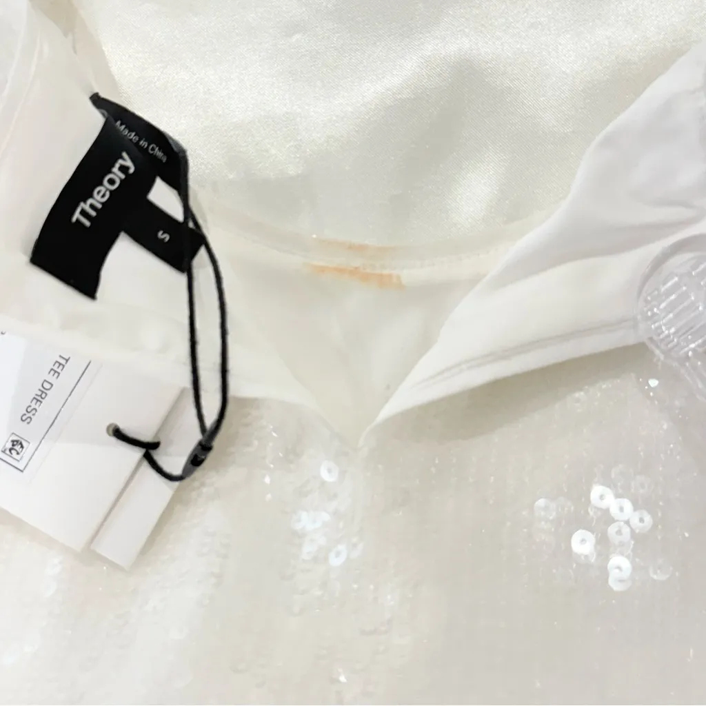 Theory Sequin T-Shirt Mini Dress Oversized White Small Chic Holiday Bridal Party - Image 14