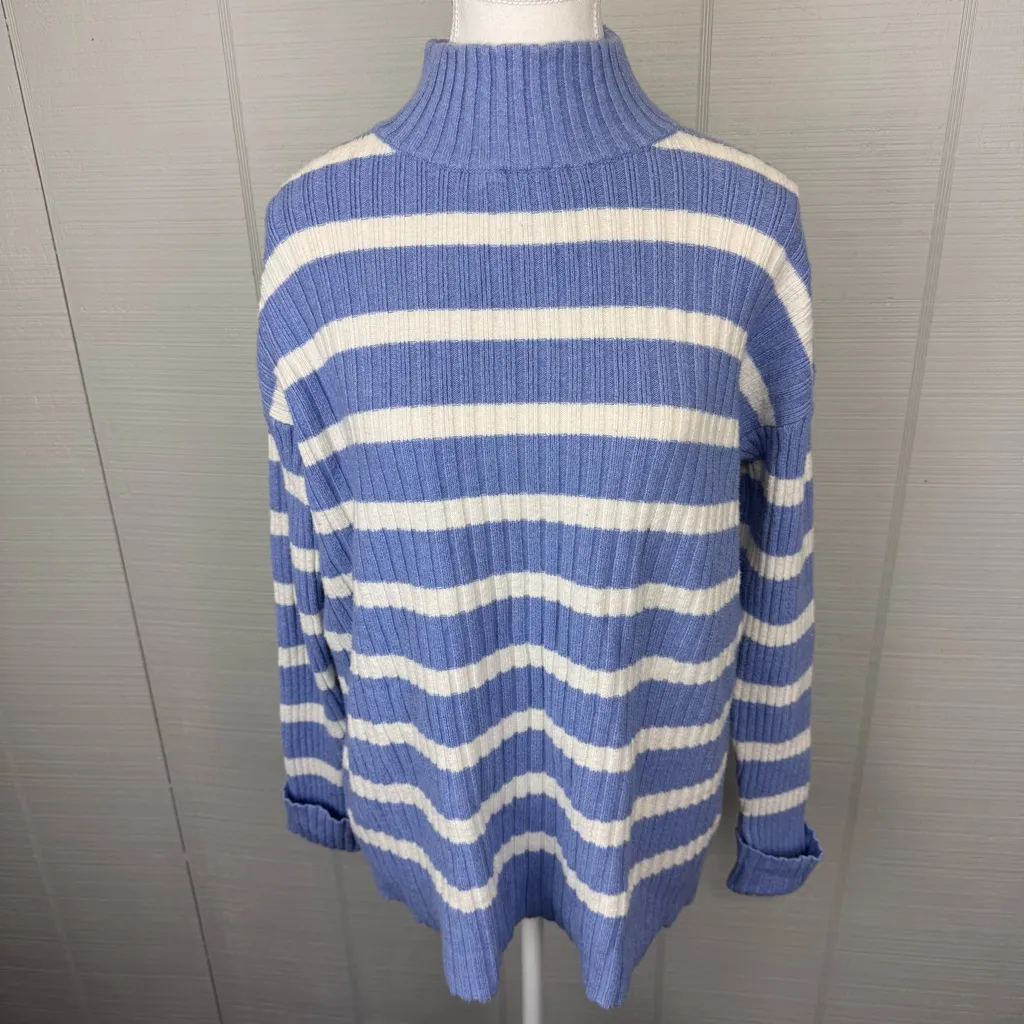Loft  Blue White Striped Ribbed Turtleneck Sweater Long Sleeve Oversized Size XS - Image 2