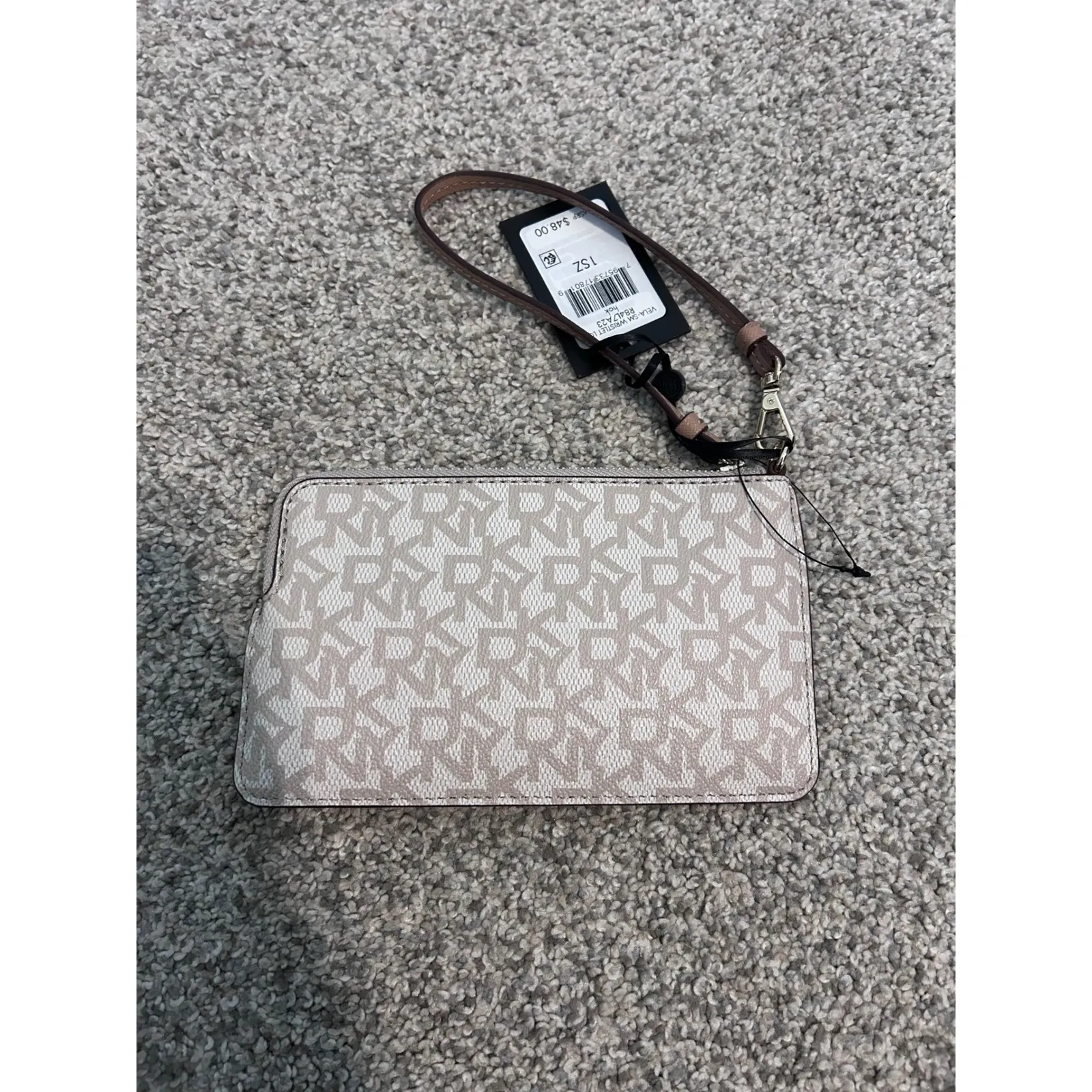 DKNY Wristlet Pouch Logo Print Zip Around Card Case Wallet‎ Clutch Beige - Image 2