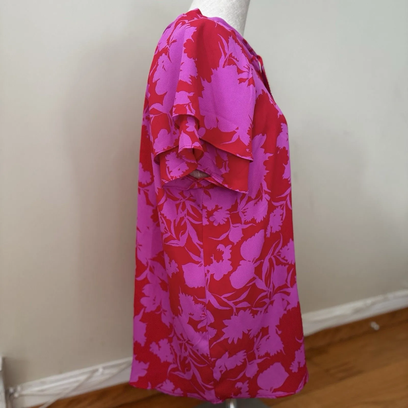 Pleione Women's Floral Blouse Tie Back Flutter Pink XL EUC Retro Spring Resort - Image 4