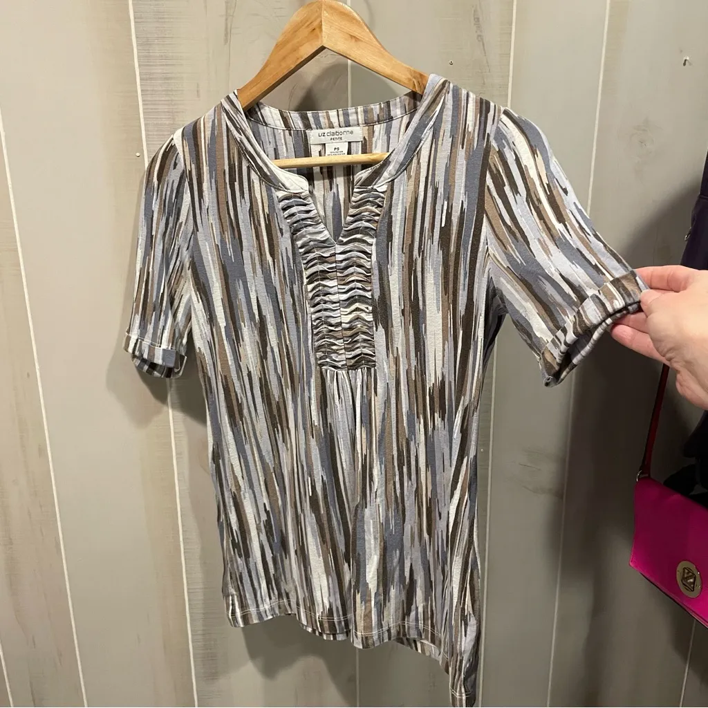 Cute vintage 90s flowy brush strokes ruched collar top Liz Claiborne earthy - Image 7