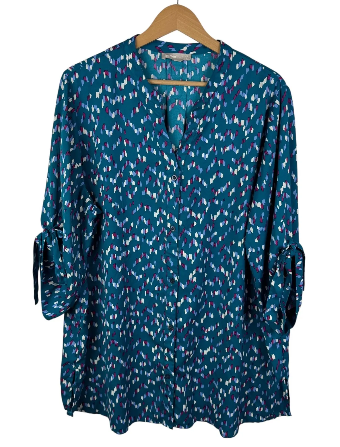 Woman Within Abstract Button Down Blouse Size 18/20 Teal Roll Tab Colorful Boho - Image 1