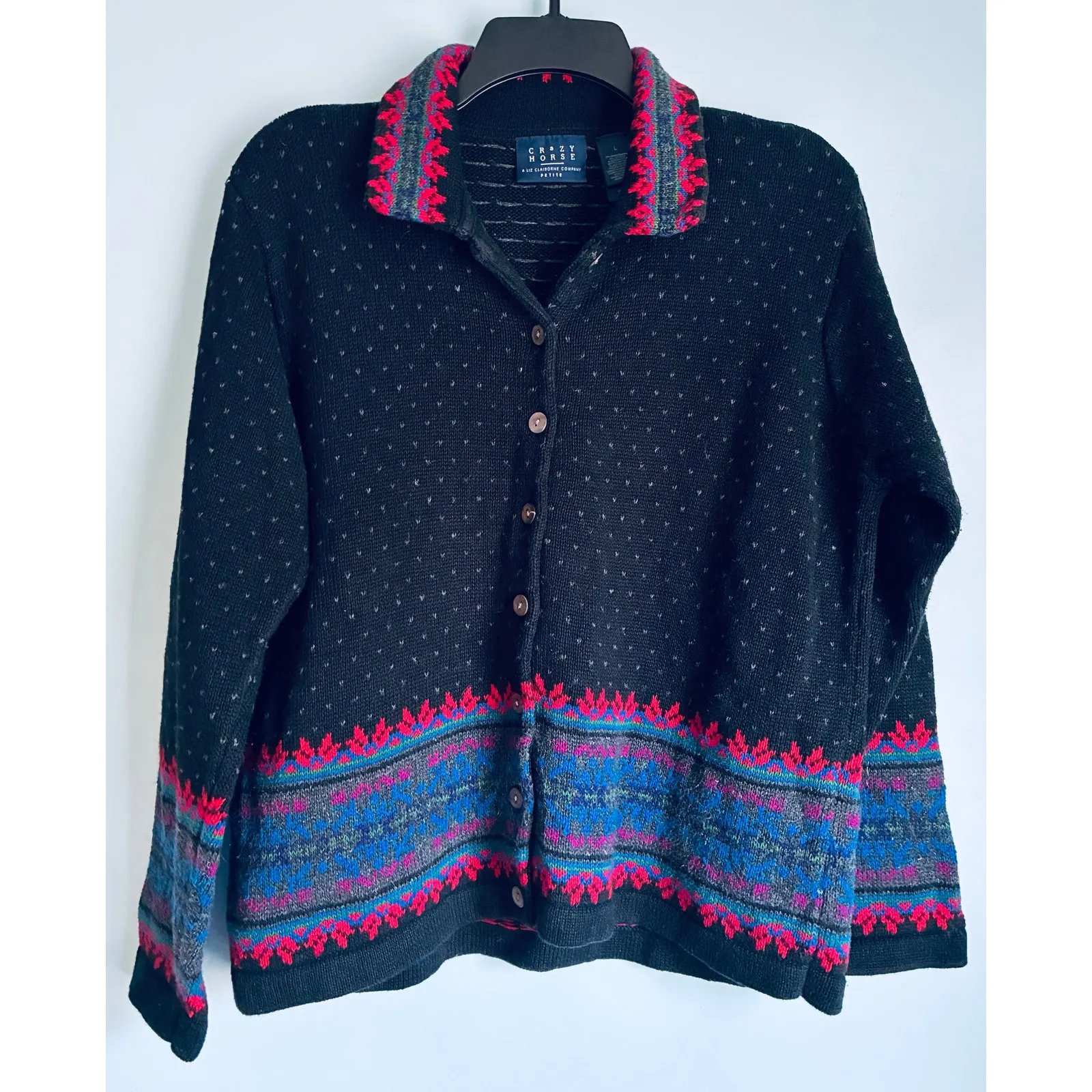 Crazy Horse Liz Claiborne Large Petite Grannycore Button Collar Cardigan Cottage Black Size undefined - Image 6