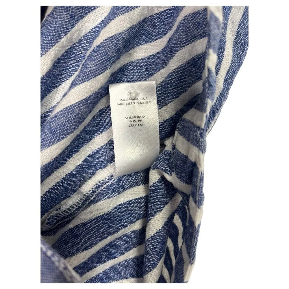 Beach Lunch Lounge Dress Womens L Linen Striped Shirt Embroidered Floral Blue - Image 6