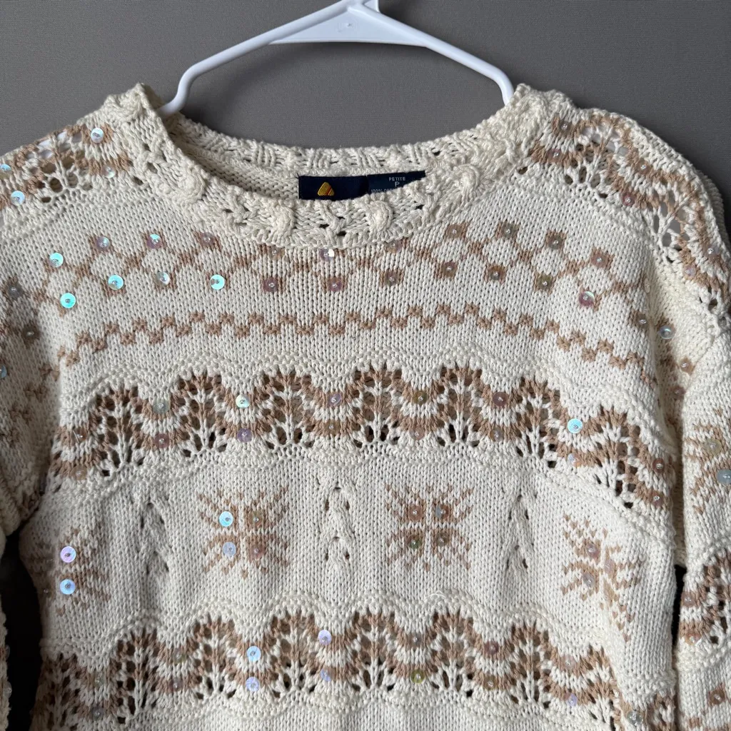 Lizsport sz S petite cream‎ knit sequin sweater - Image 2