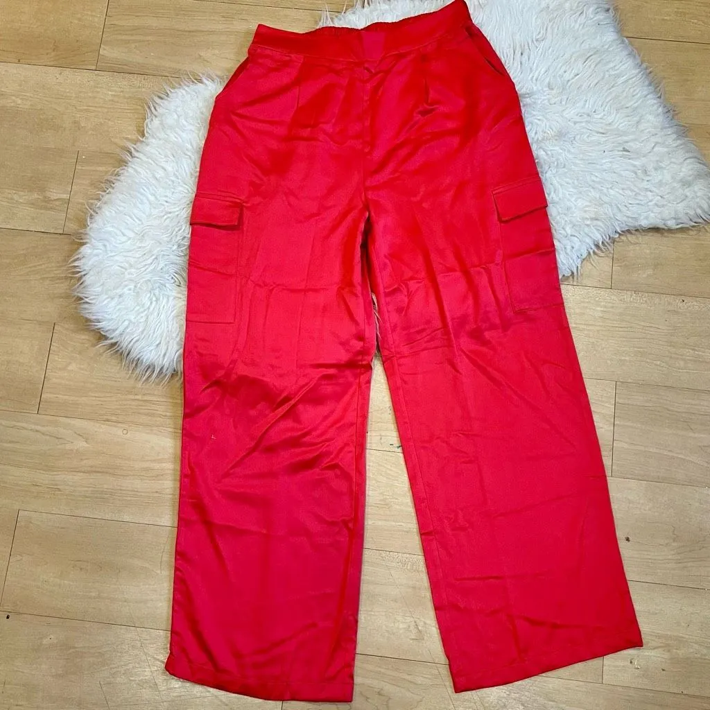 Red satin cargo styles high waisted wide leg pants M - Image 2