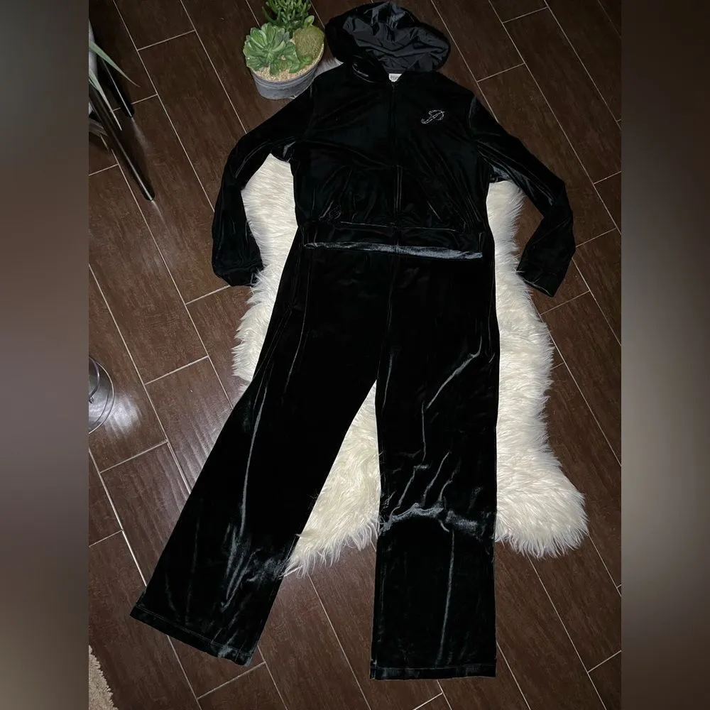 Pink by Victoria’s Secret Black Velour bling Y2K Tracksuit Set Sz LG/XL - Image 2