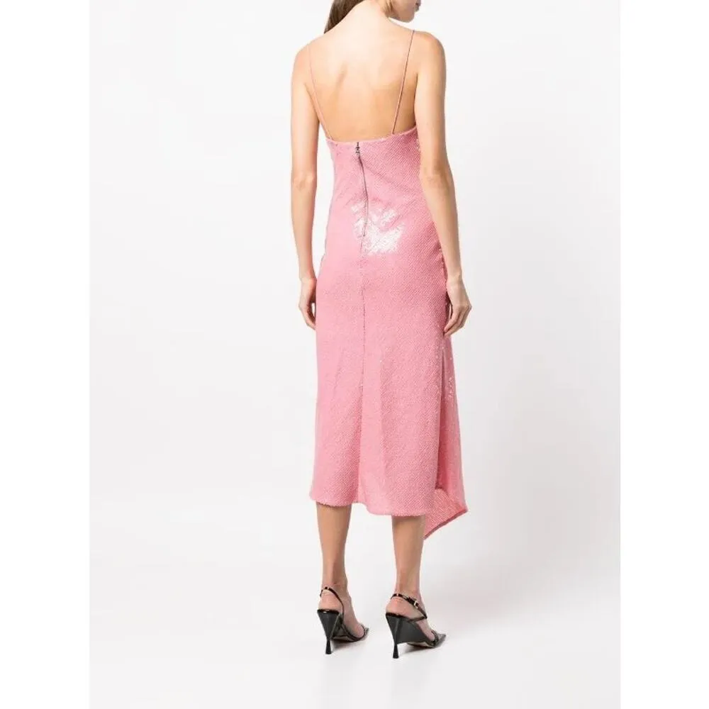 Alice + Olivia Harmony Pink Sequin Cowl Neck Slit Asymmetric Midi Dress 8 NWT - Image 3