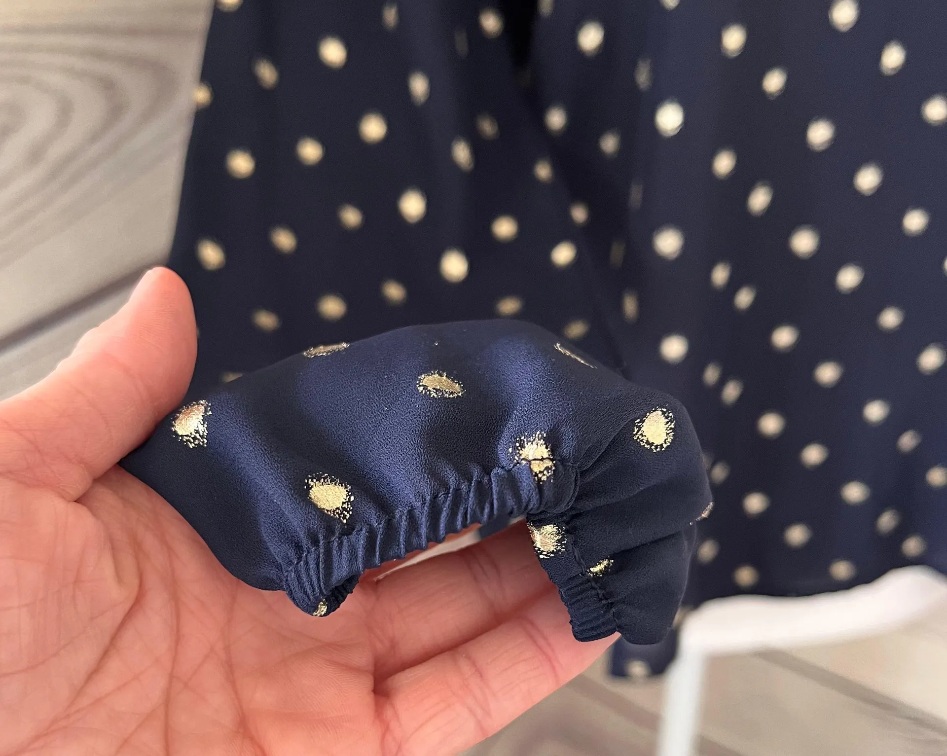 Stitch Fix Kaileigh Navy Blue & Gold Polka Dot V Neck Blouse - Image 4