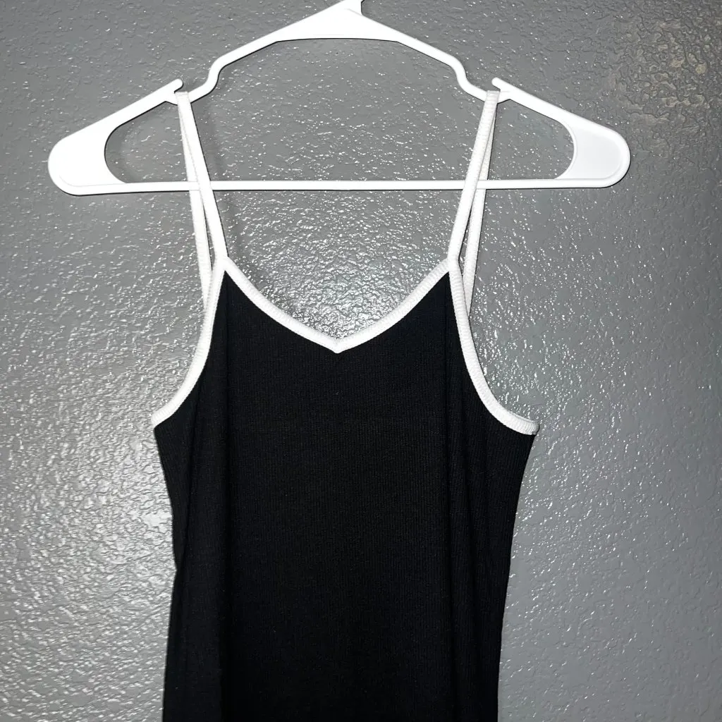 Women’s Black Ribbed Midi Slip Dress Size S White Trim Spaghetti Strap Casual Mi - Image 2