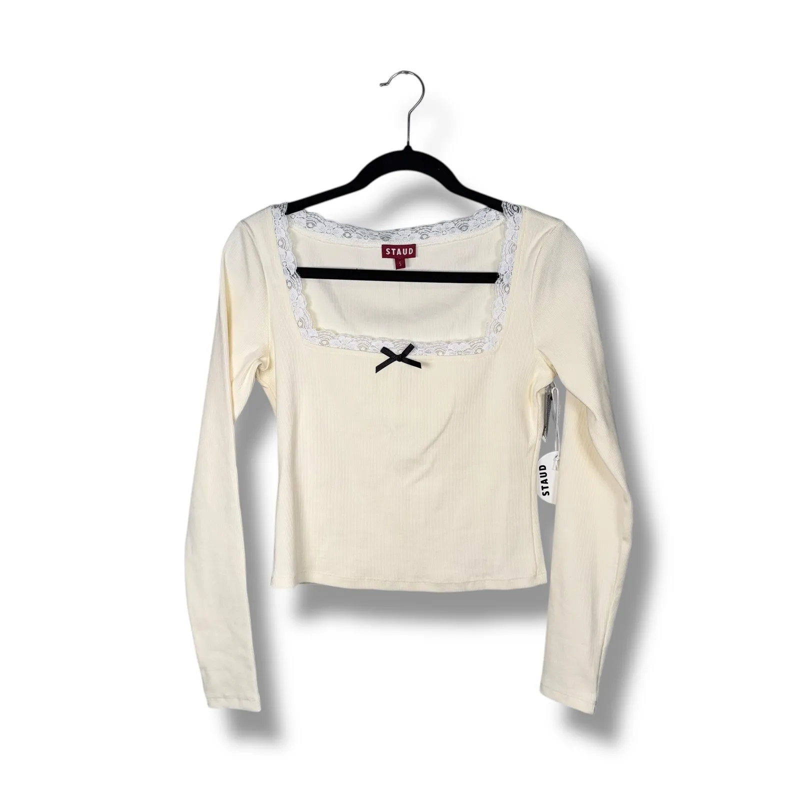 STAUD Paisley Ivory Ribbed Lace Trim Ivory with Bow Square Neck‎ Long Sleeve Top - Image 3