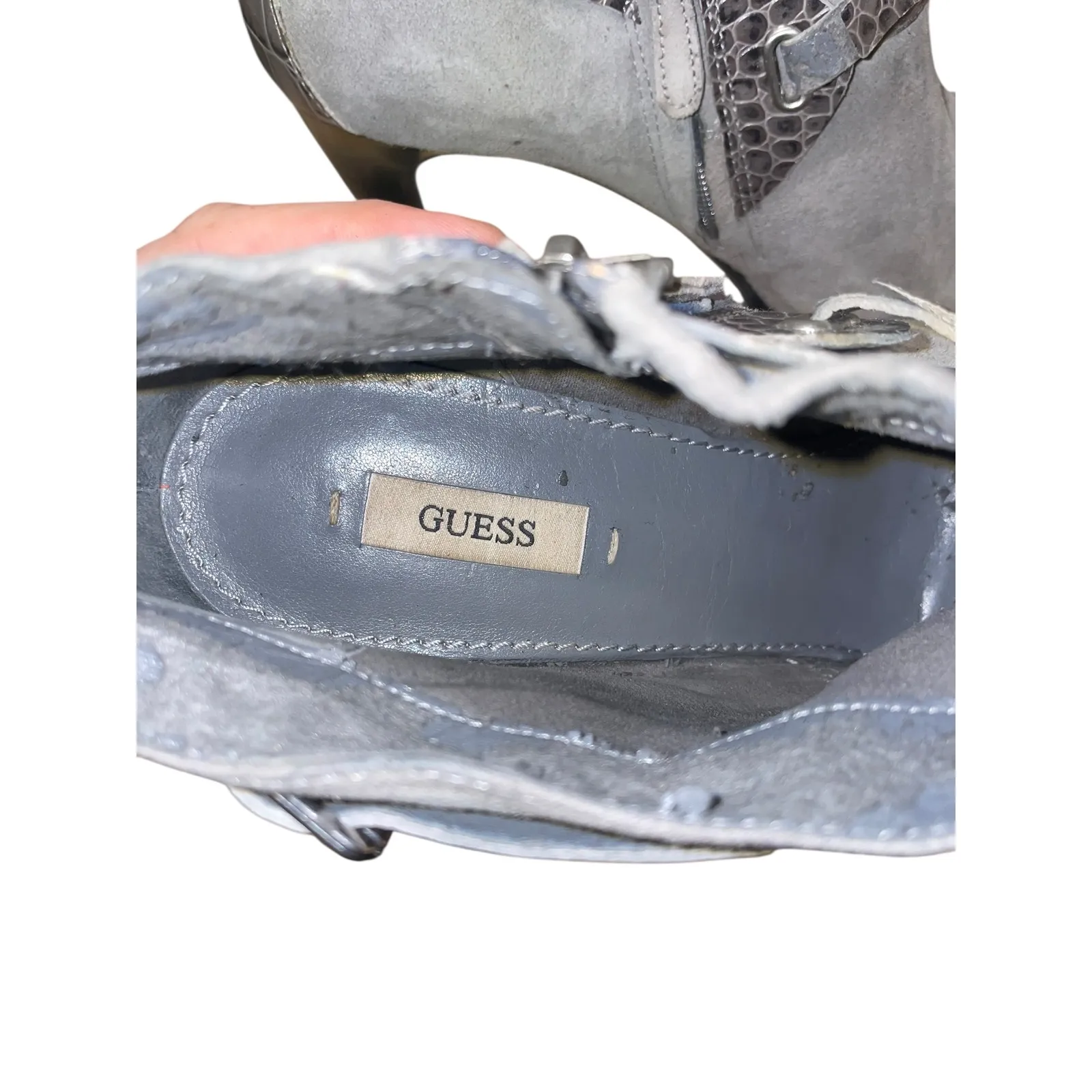 Guess Gray Suede Crocodile Embossed Strappy Stiletto Heel Ankle Boots 8.5M - Image 3