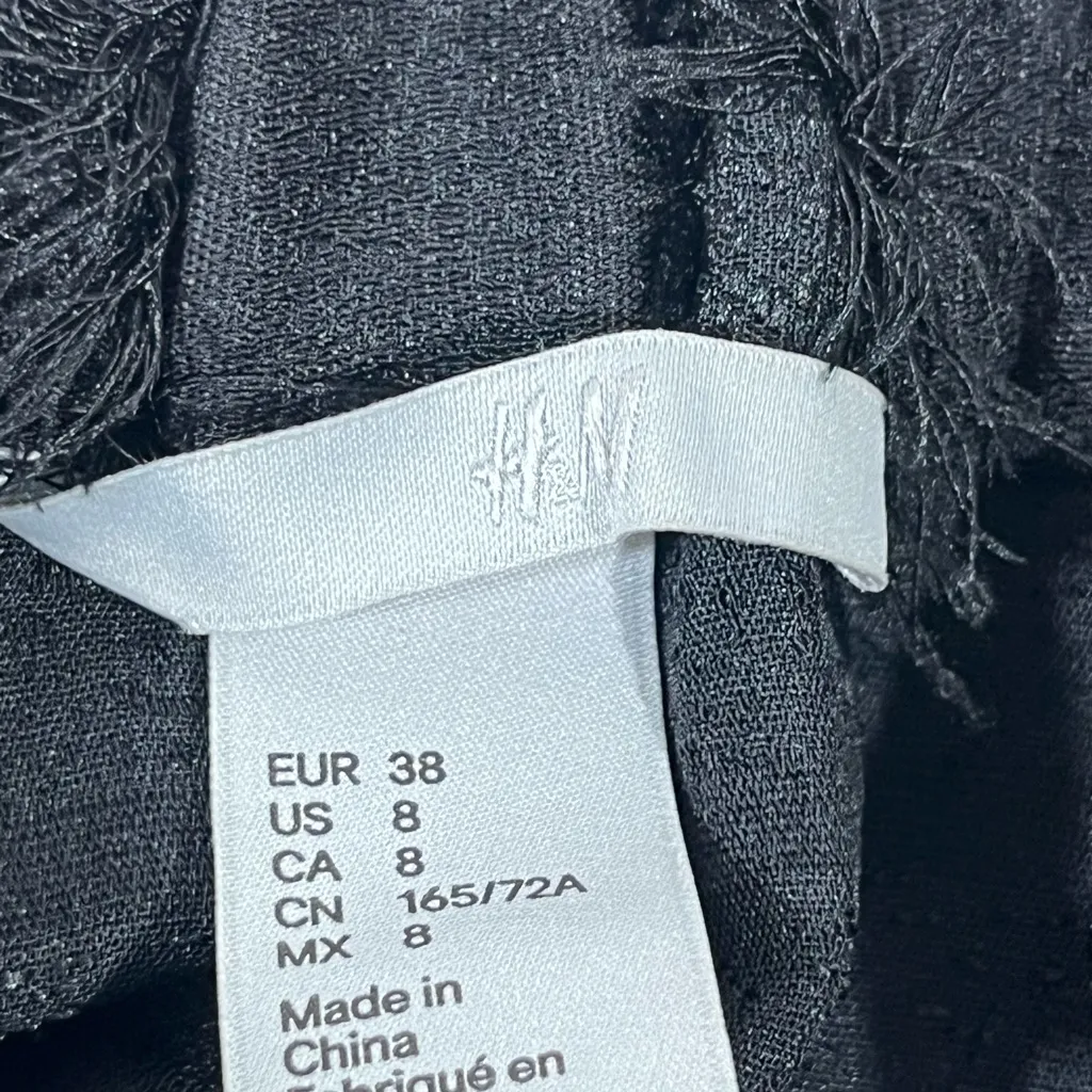 H&M TIERED FRINGE SKIRT ALINE‎ FULL TIE BELT POCKETS ELASTIC WAIST 8 BLACK A74 - Image 3