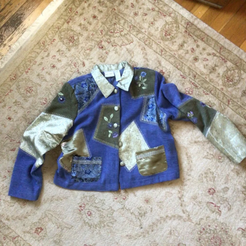 Womens Vintage Napa Valley Petites Blue Patchwork Beaded Multimedia Jacket lg Size undefined - Image 8
