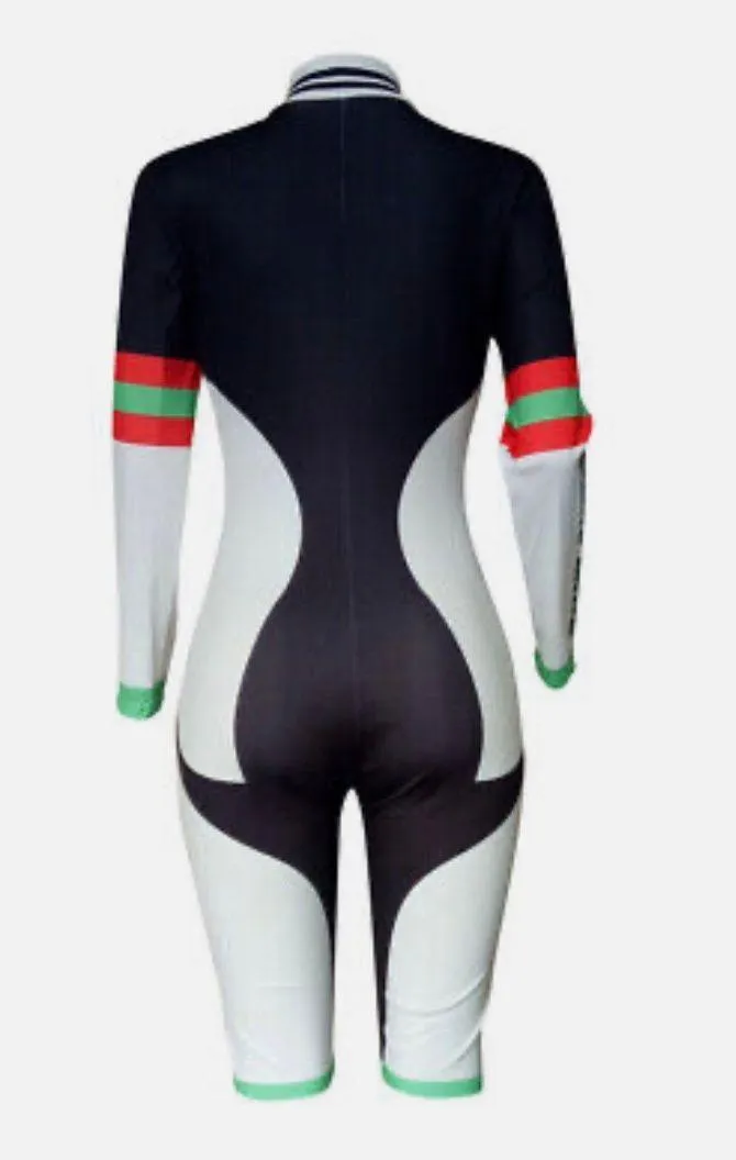 Sporty Digital Print Patchwork Zippered Bodycon Shorts Jumpsuit White Size L - Image 2