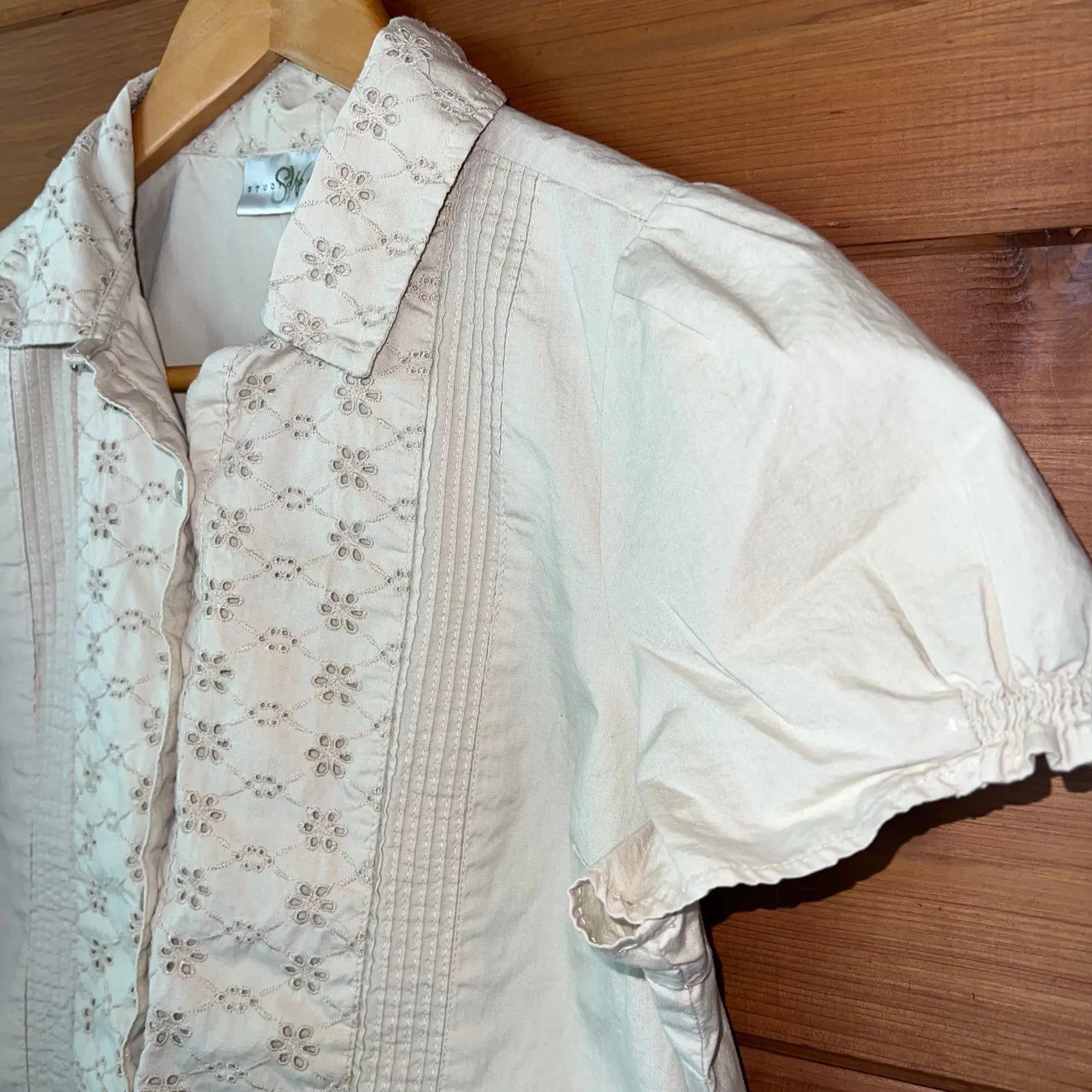 Studio Works Tan Button Up Eyelet Lace Blouse Petite Large - Image 2