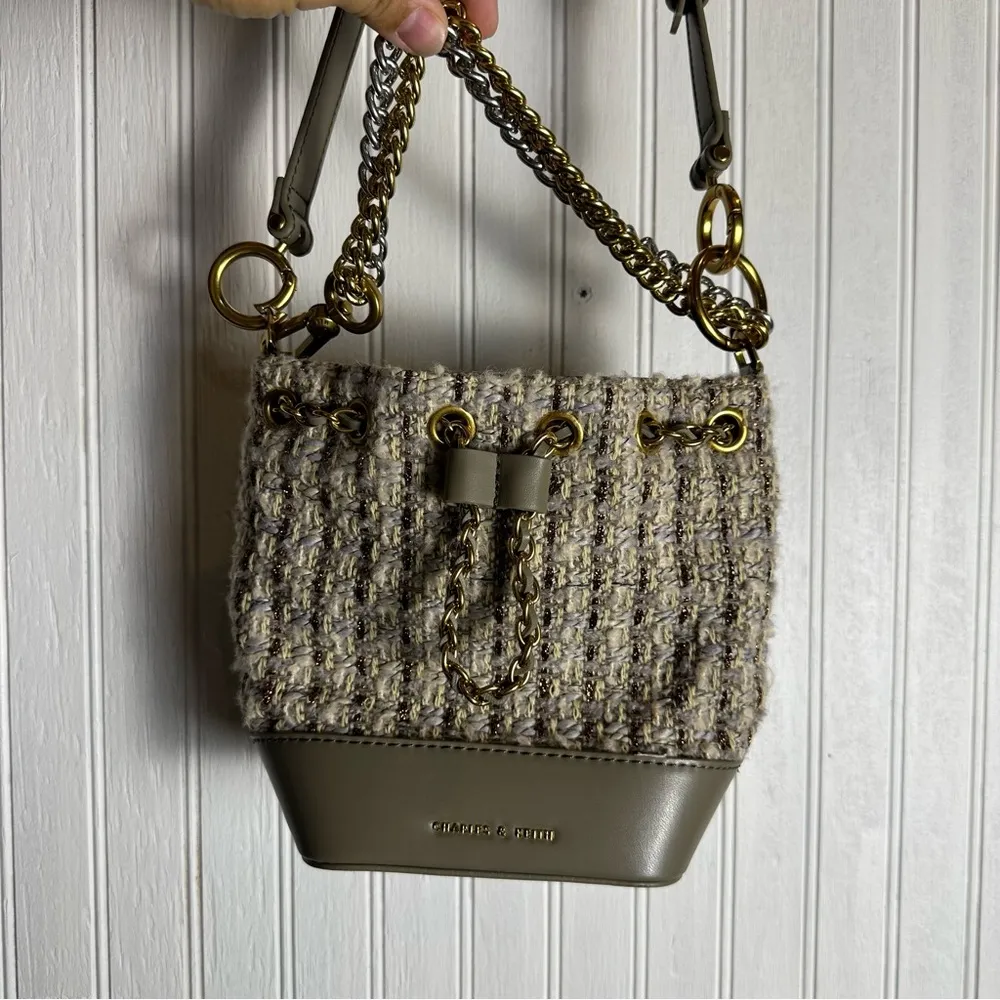 Charles & Keith Gray Dancer Tweed Drawstring Bucket Bag - Image 3