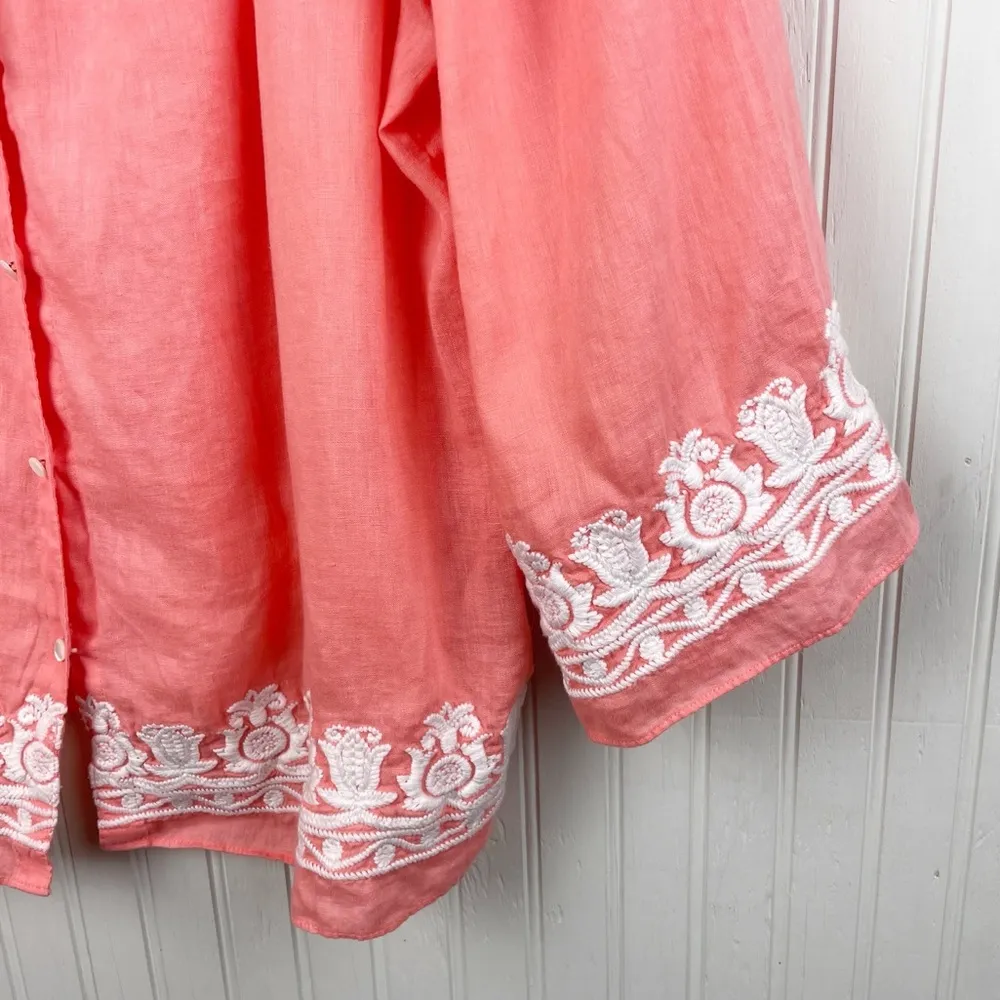 Talbots Petites Coral Linen Embroidered Peasant Top Size Large Button Front Boho - Image 7