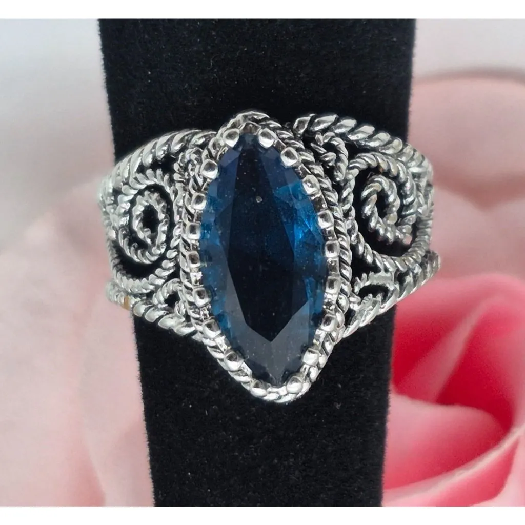 Silver Tone Filigree Style Cocktail Fashion Ring Blue Marquise Center Size 7 - Image 5