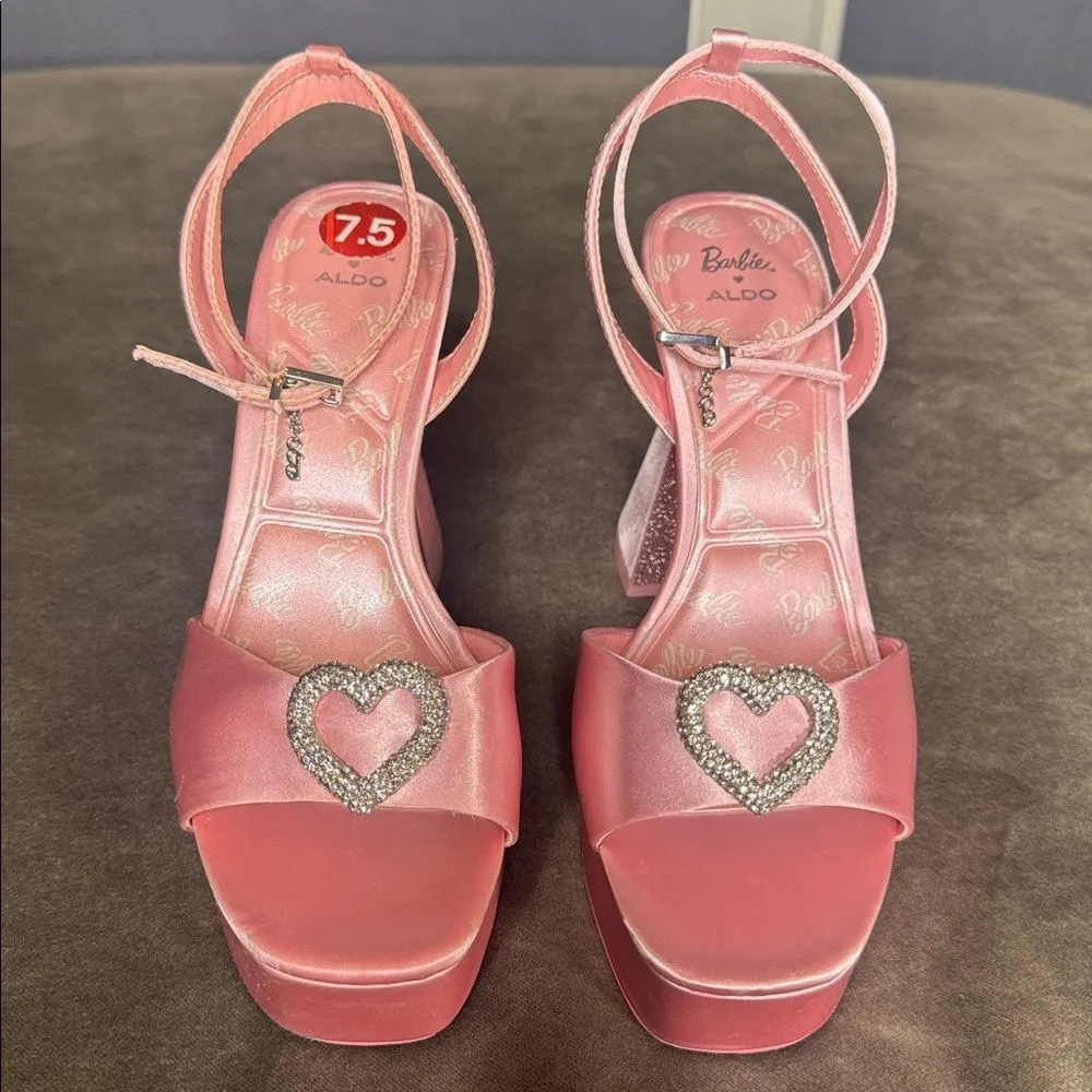 Barbie x ALDO Collection Pink Satin Platform Heart Sandal Block Heel 7.5 - Image 6