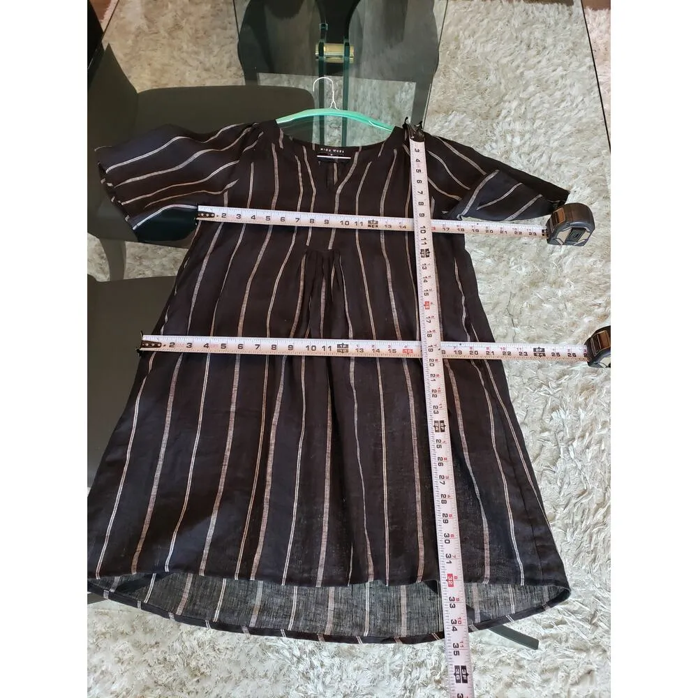 Miou Muse A Line Dress Womens Small Black White Striped Linen Pleated Split Neck - Image 8