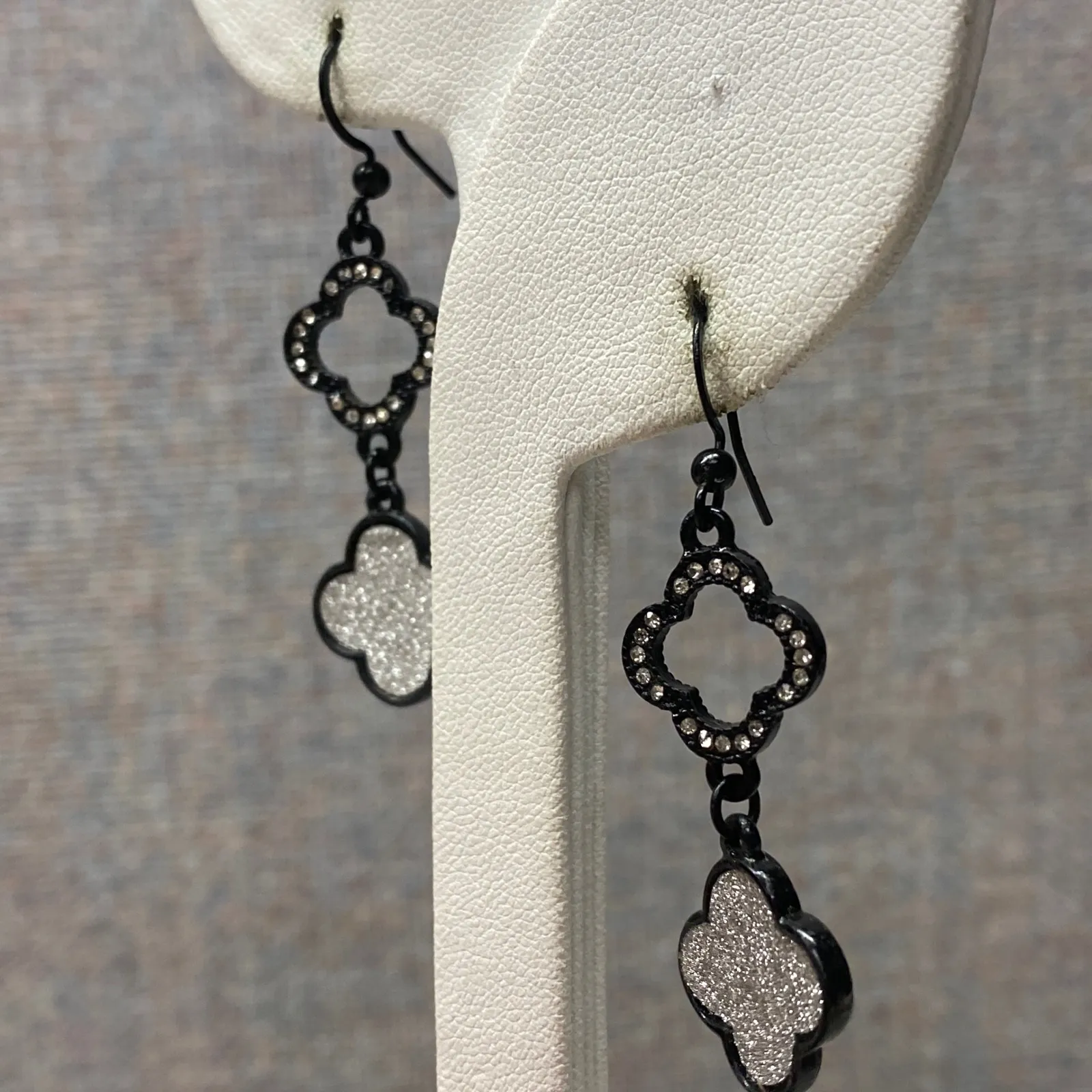 Silver Tone Black Quatrefoil Rhinestone Drop Dangle Luck & Sparkle Earrings - Image 3