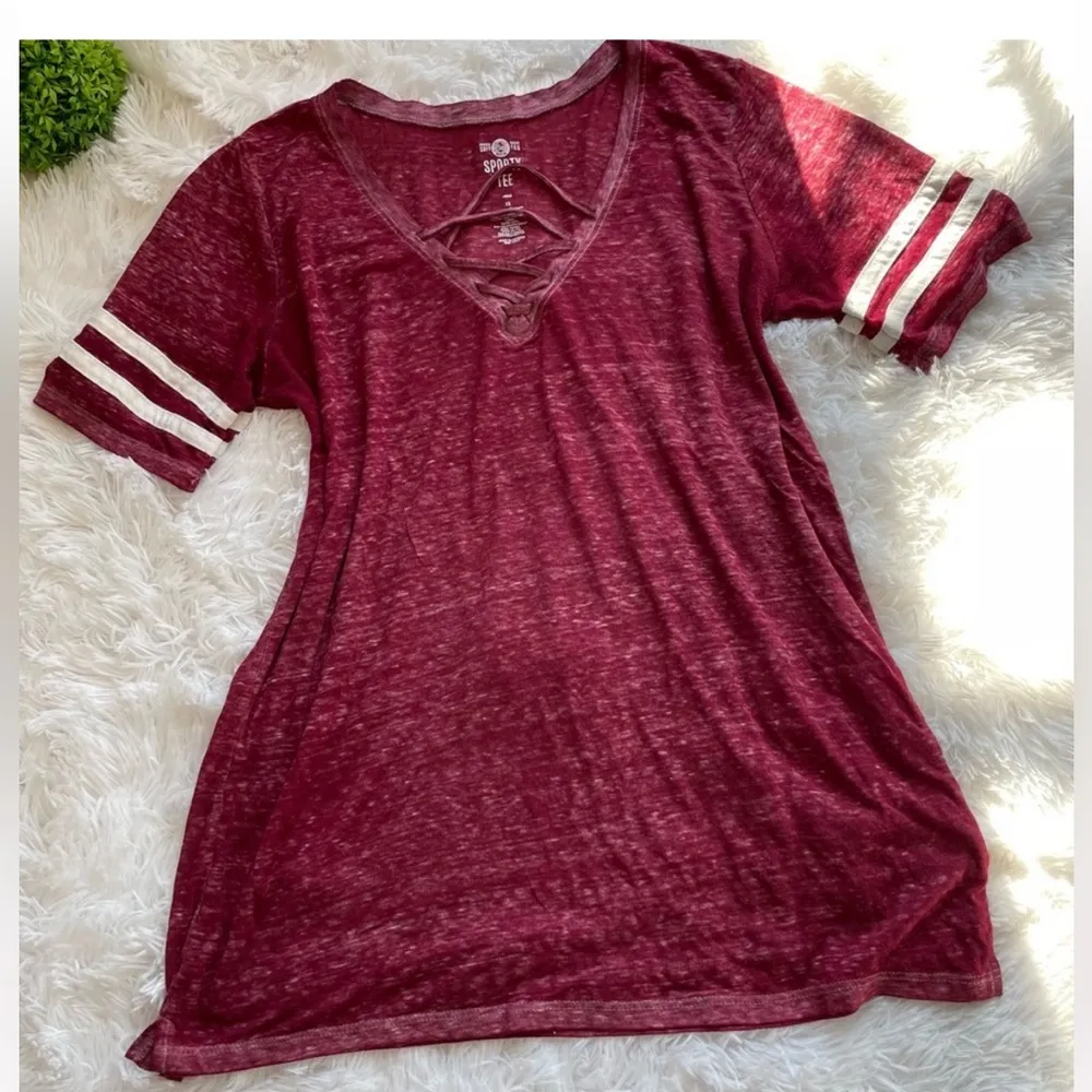 SO Lace-Up Varsity Shirt Tee Crisp Merlot Juniors Size XS Maroon Women’s @ - Image 8