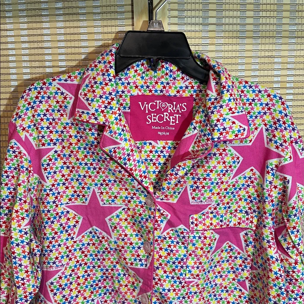 Victoria's Secret Y2K 2 Piece Cotton Pajama Set Pink & White With Stars Medium - Image 4