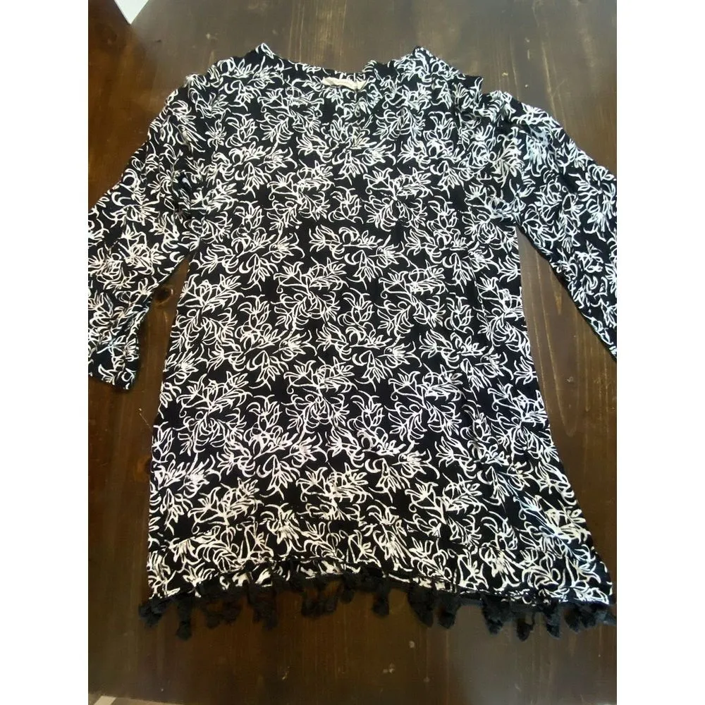 Soft Surroundings Womens Tunic Top Cover Up Black White Tassel Fringe Sz Medium - Image 7